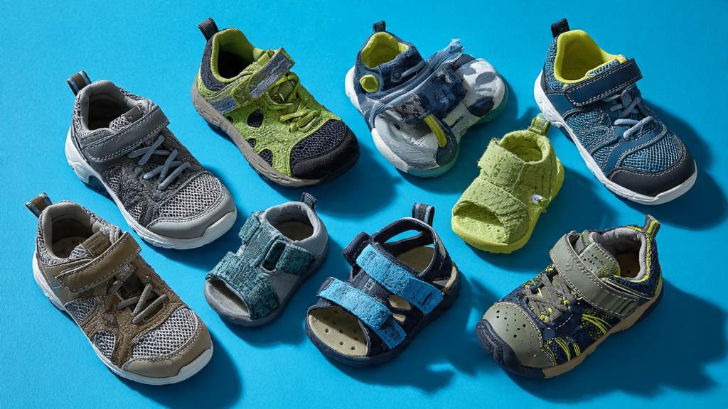 Assorted fun toddler shoe styles laid out, including mesh runners and adjustable sandals for wide feet play.