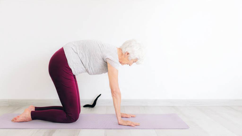 Senior performing cat-cow pose on yoga mat to relieve back stiffness.
