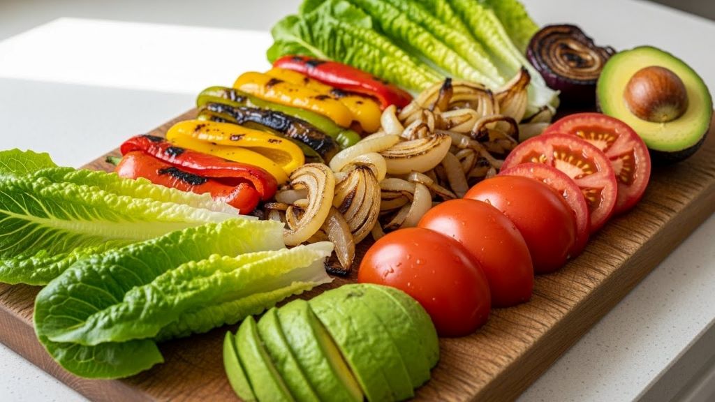 Fresh ingredients including romaine lettuce, grilled peppers, onions, tomatoes, and avocado displayed on a wooden cutting board