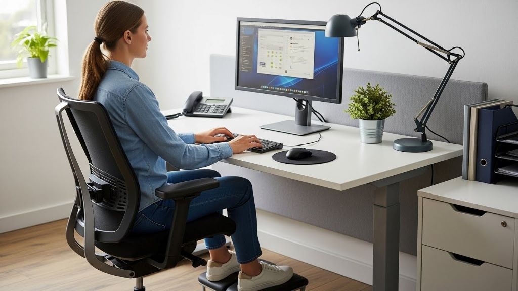 Ergonomic office workspace setup showing proper monitor height and chair position to prevent jaw strain
