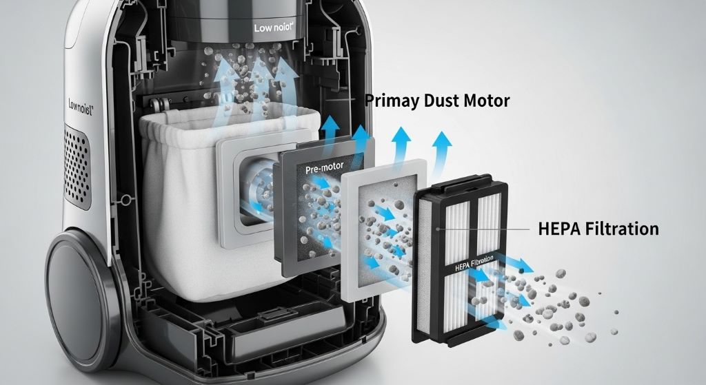 Quiet canister vacuum cleaner with HEPA filtration system showing cross-section of multi-stage filter design