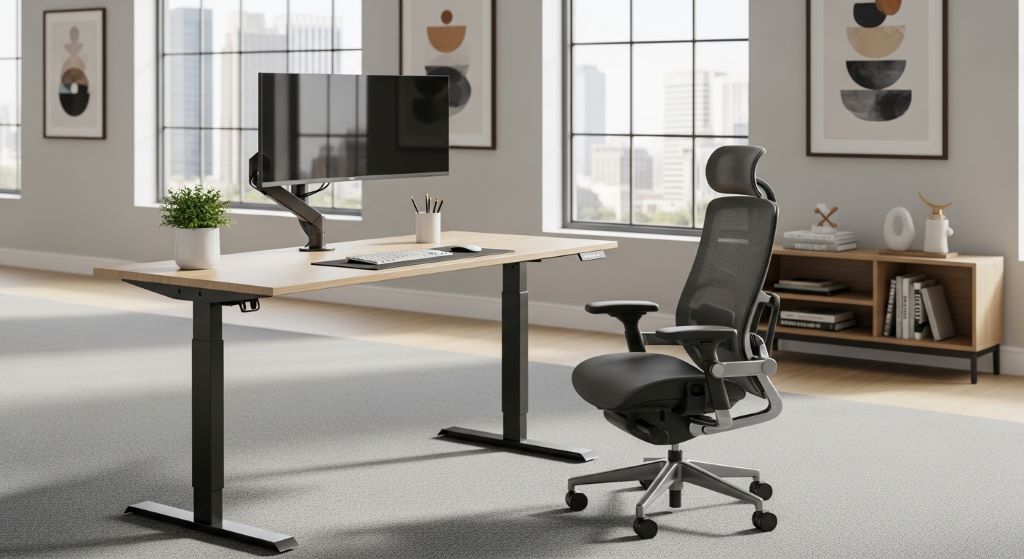 Height-adjustable desk and ergonomic chair in professional office setting
