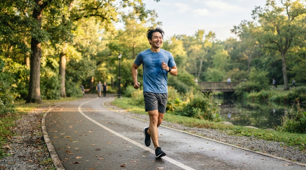 A man briskly walking on a park path during an outdoor exercise session.