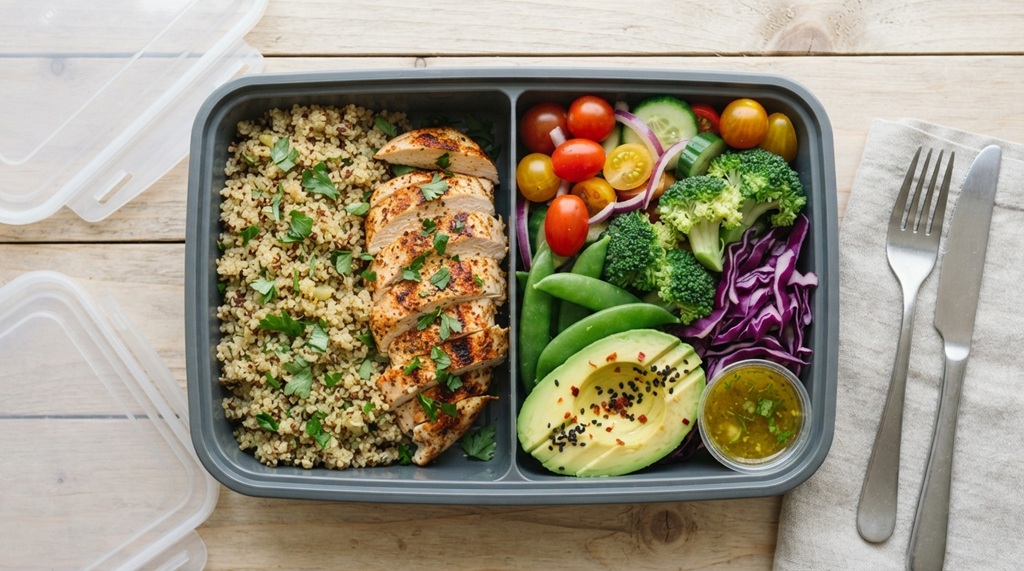 A meal prep box filled with fresh vegetables quinoa and grilled chicken on wood.