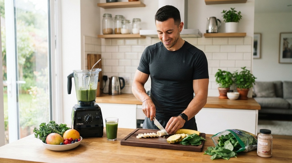 Man slicing fresh fruits for a healthy energy smoothie in kitchen.