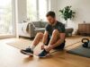 Man tying running shoes next to a kettlebell in a home living room.