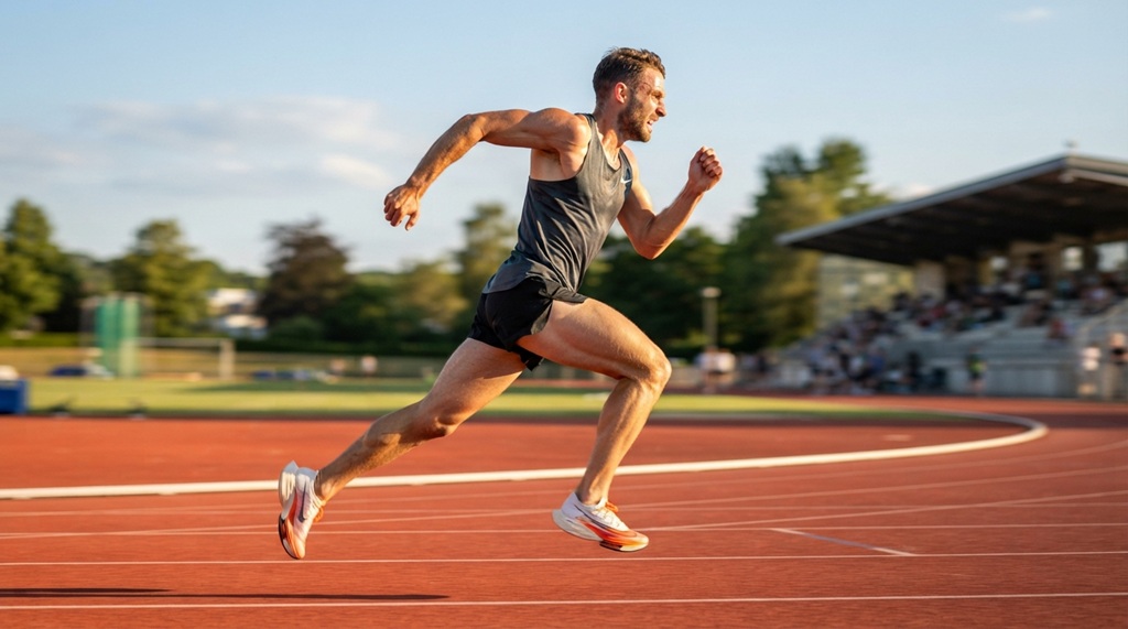 Athletic man sprinting on a track during high intensity interval training.