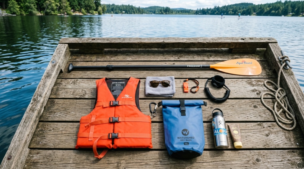 Essential paddle boarding safety gear arranged neatly on a wooden dock.