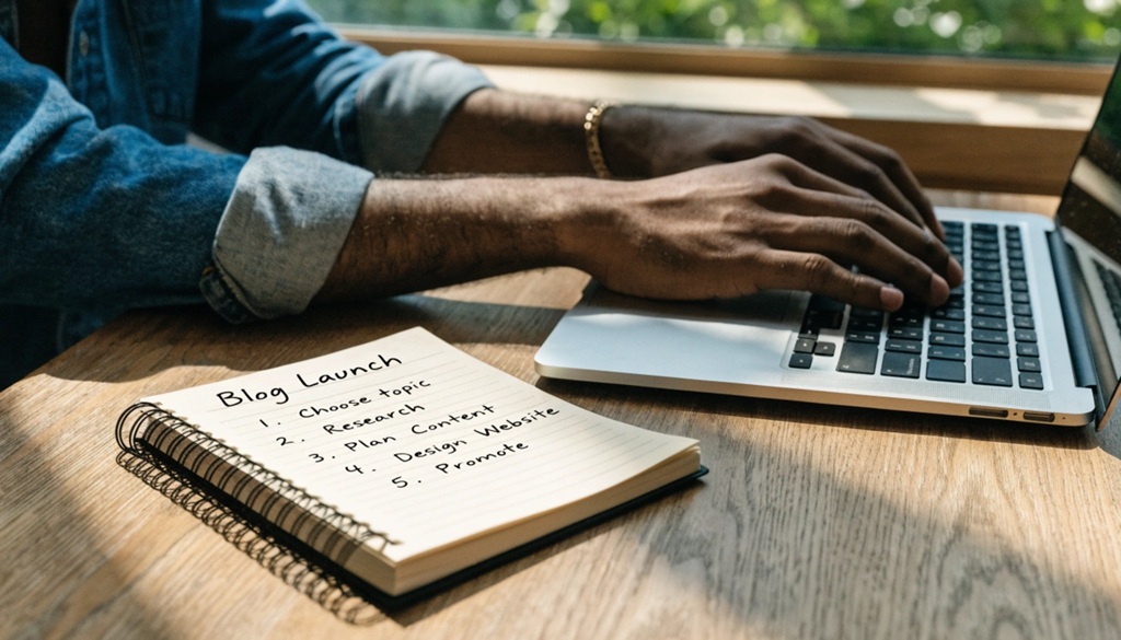 Man's hands typing on laptop near an open journal with setup notes.