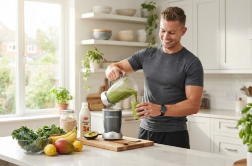 A man preparing a fresh green smoothie in a sunlit kitchen.