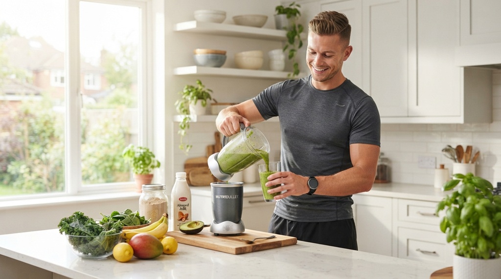 A man preparing a fresh green smoothie in a sunlit kitchen.