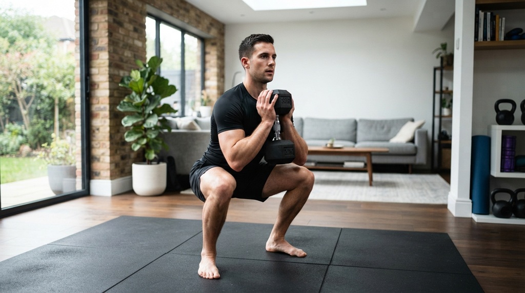 Man doing dumbbell squats during a home workout routine.