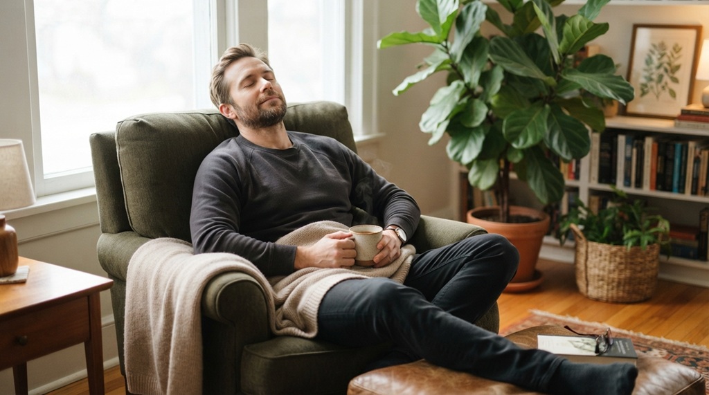 A man leaning back relaxing with a mug during a work break.