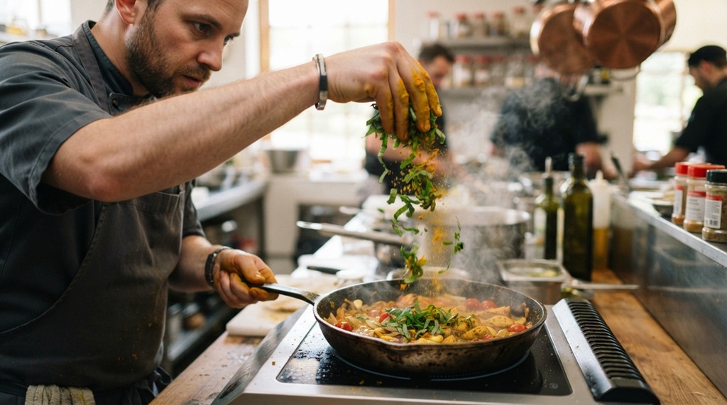 A male chef adding fresh turmeric and herbs to a cooking pan.