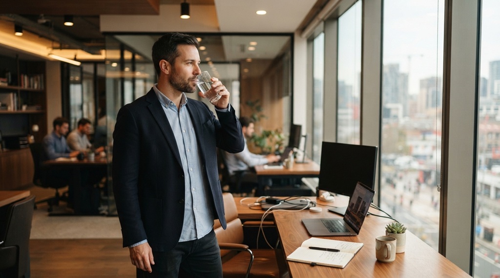 A man drinking water near a desk during his daily routine.