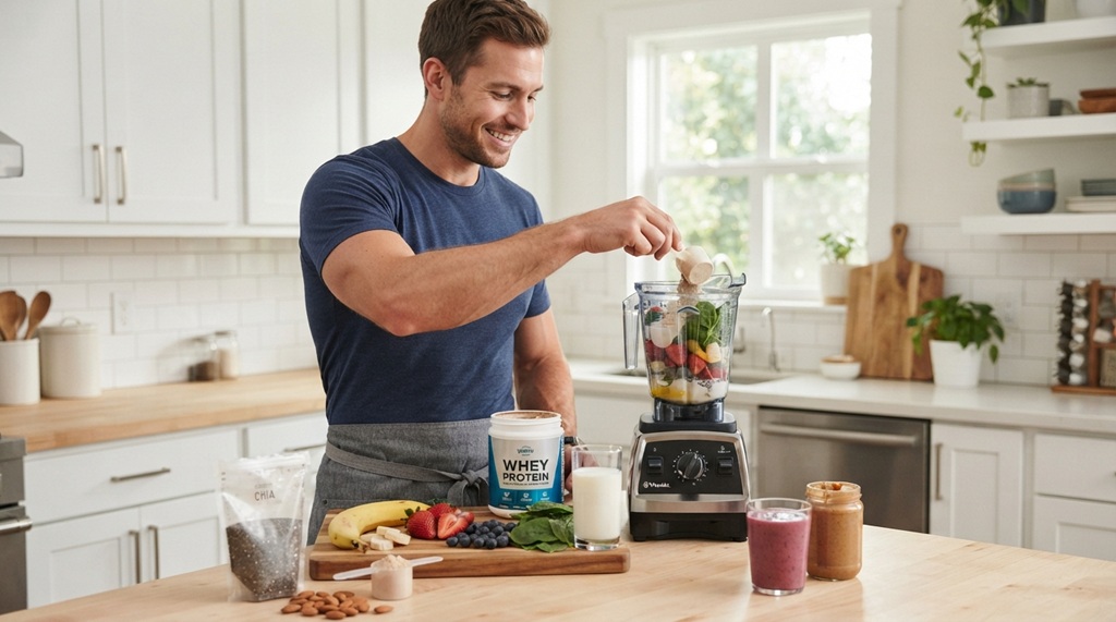 Fit man preparing a healthy protein smoothie in a kitchen.