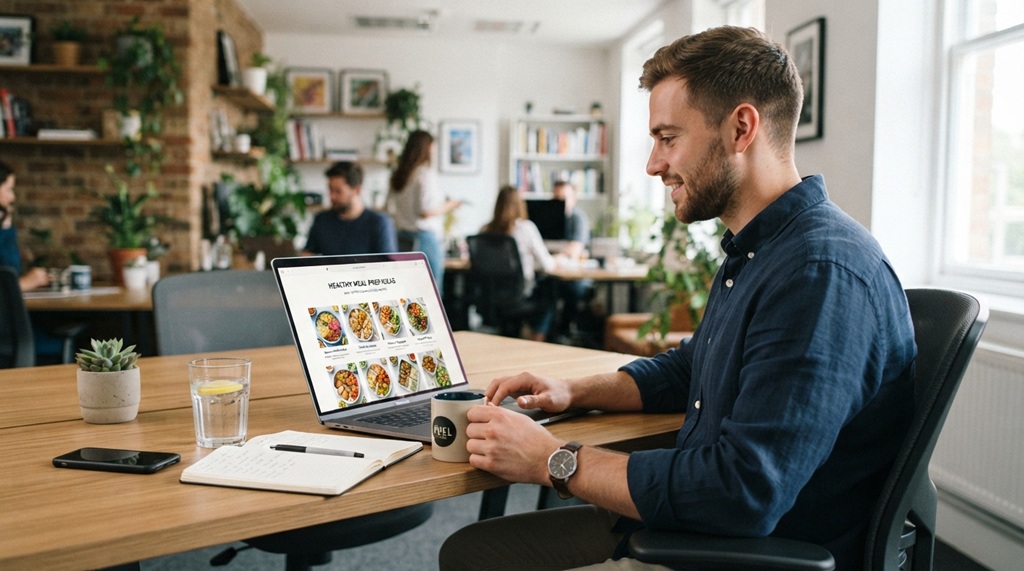 A man using a laptop to post healthy lifestyle tips online.