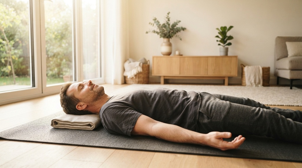 A man lying on his back on a floor mat practicing non-sleep deep rest.