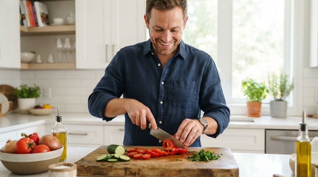 A man slicing fresh vegetables on a wooden cutting board in bright kitchen.