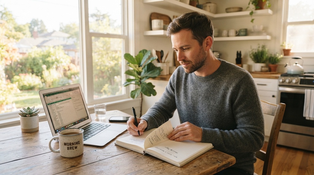 Man wearing glasses writing in a journal next to coffee at a table.