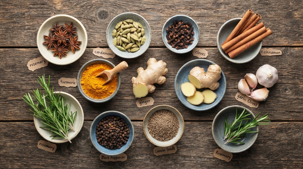 A flat-lay assortment of fresh medicinal kitchen herbs and spices on wood.