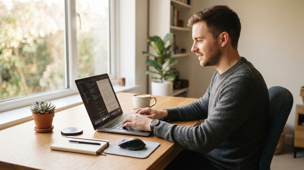 A man typing on a laptop with a cup of coffee.