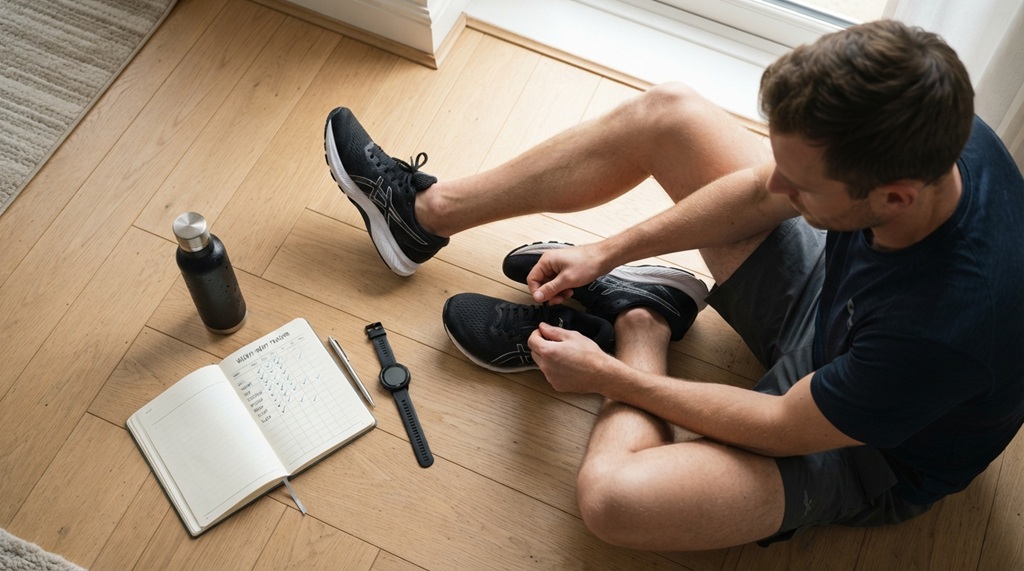A man tying running shoes next to a daily habit tracker notebook.