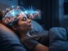 A sleeping person with a glowing human brain graphic showing sleep wave activity.