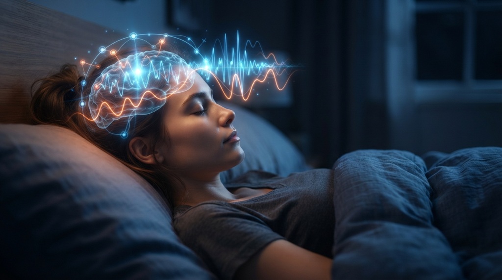 A sleeping person with a glowing human brain graphic showing sleep wave activity.
