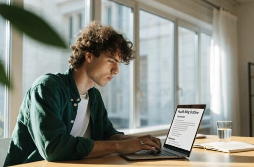Man typing on a laptop with a health blog outline on screen.