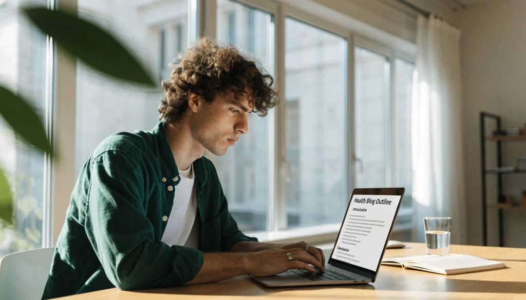 Man typing on a laptop with a health blog outline on screen.