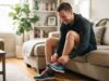 A man in activewear sitting indoors and tying his shoe before a workout.