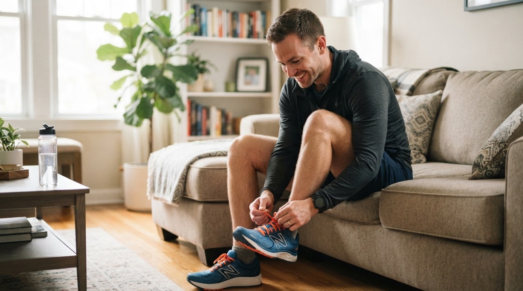 A man in activewear sitting indoors and tying his shoe before a workout.
