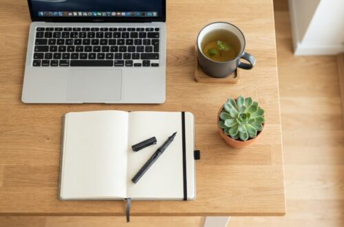 Flat lay workspace with notebook, herbal tea, and laptop for wellness blog ideas.