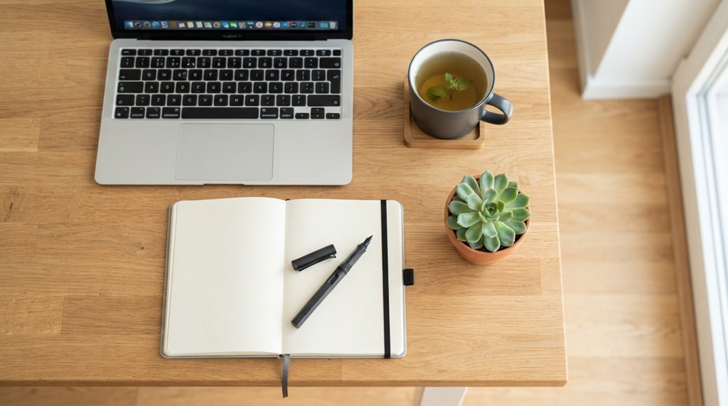 Flat lay workspace with notebook, herbal tea, and laptop for wellness blog ideas.
