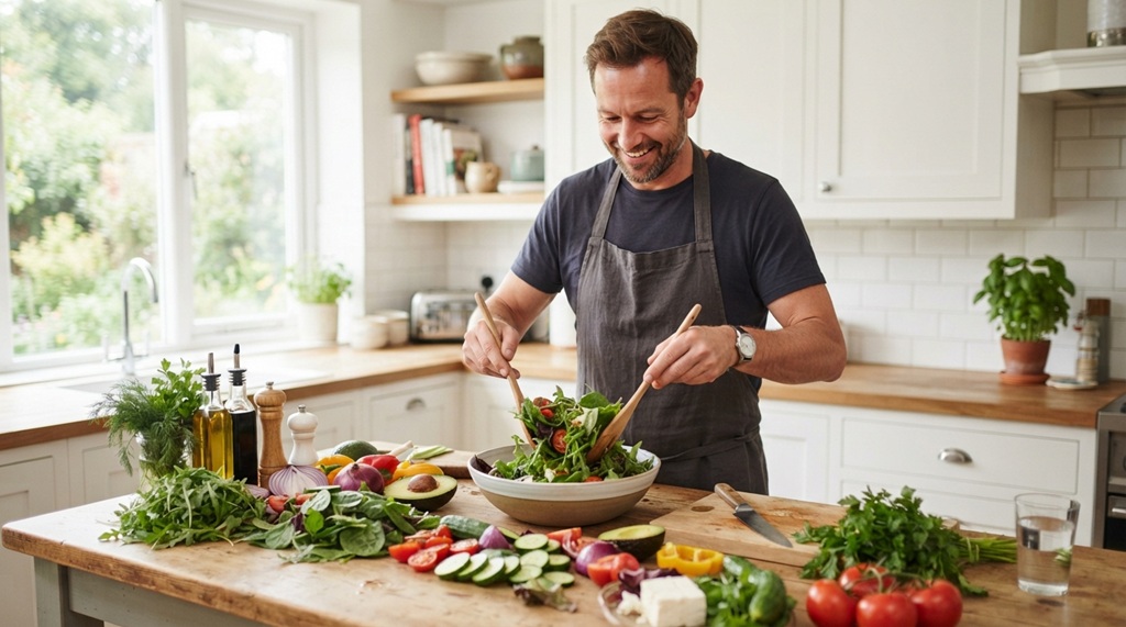 A man chopping fresh vegetables for a clean healthy meal in a bright kitchen.